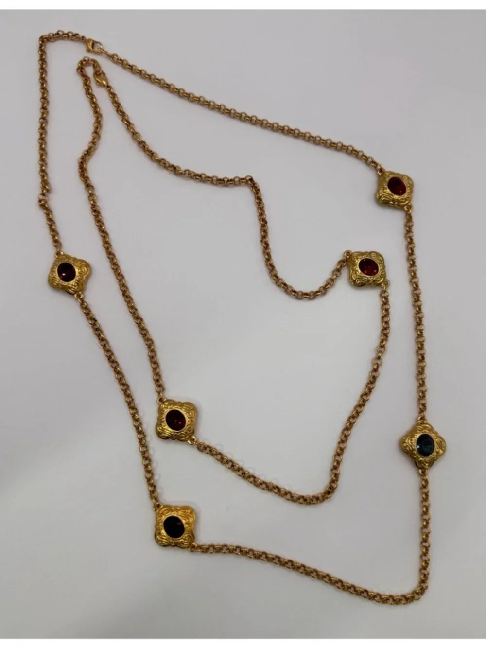 Gold Tone Station Renaissance Revival Necklaces Glass Faceted Set 2pc Statement - Picture 4 of 9